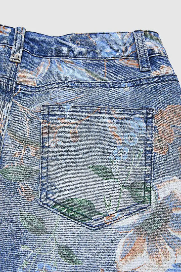 Floral Embroidered Wide-Leg Denim Jeans