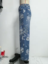 Floral Embroidered Wide-Leg Denim Jeans