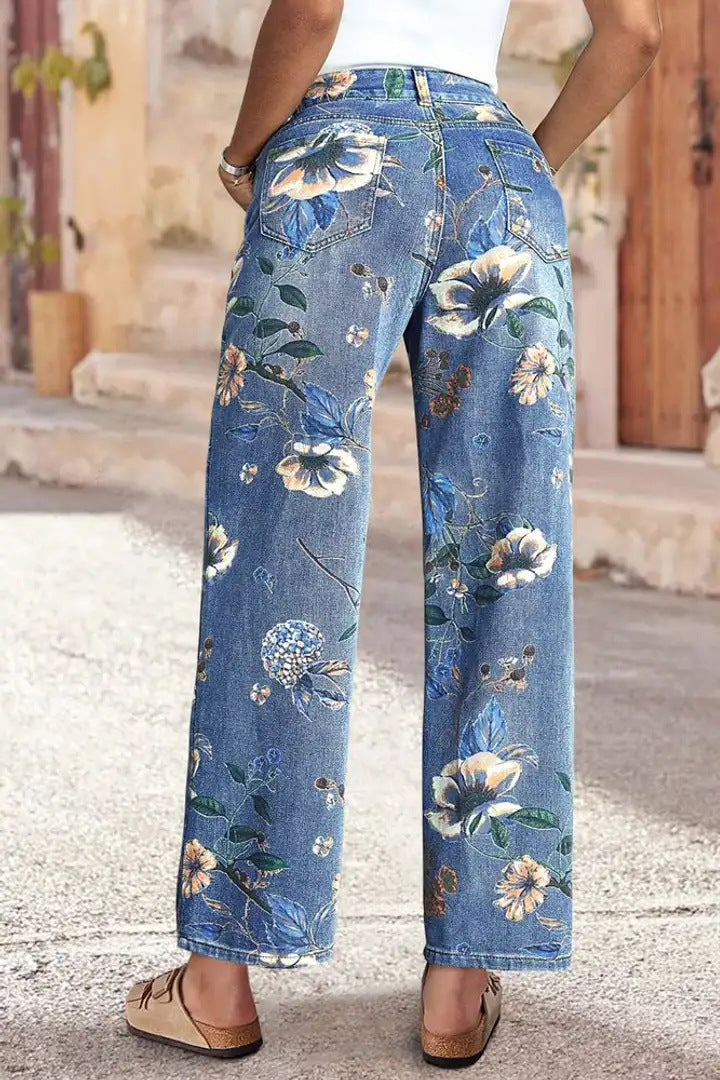 Floral Embroidered Wide-Leg Denim Jeans