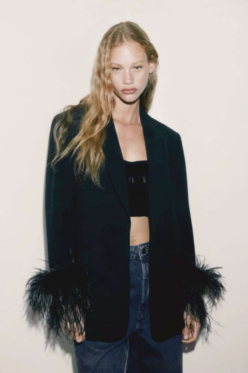 Chic Blazer with Feathered Cuffs
