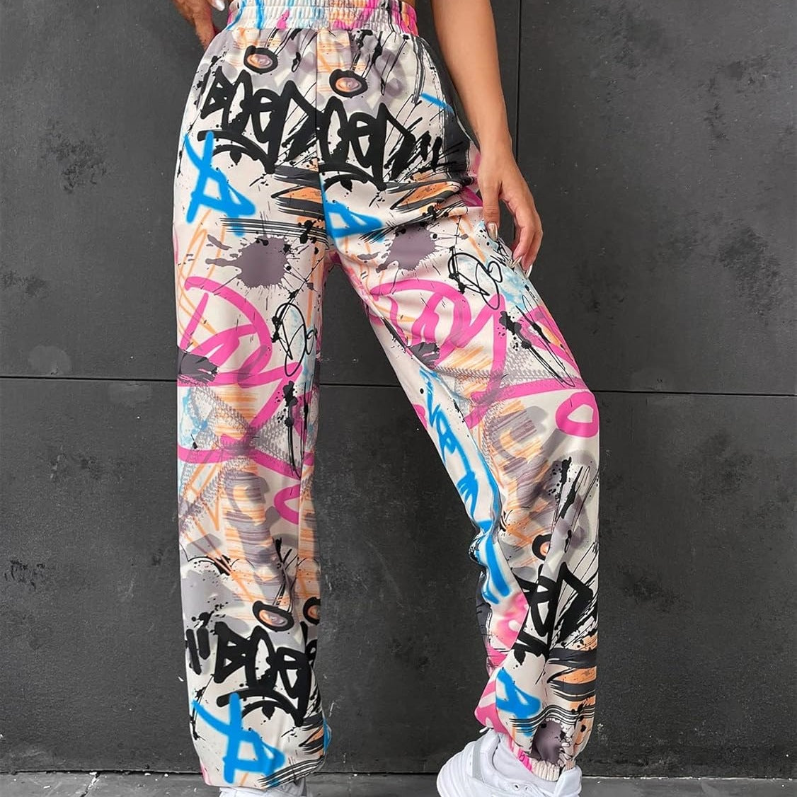 Colorful Graffiti Print Wide-Leg Pants