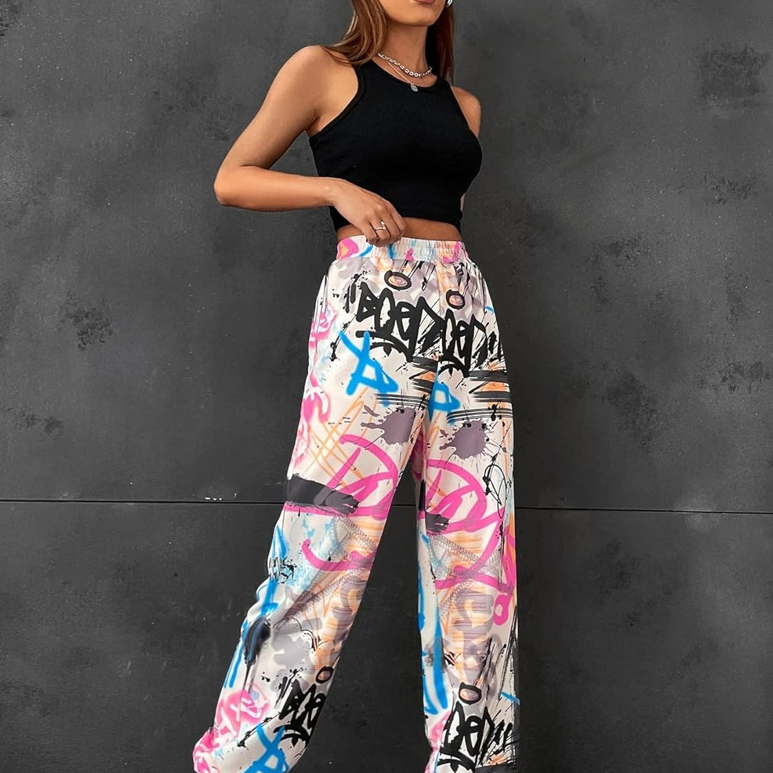 Colorful Graffiti Print Wide-Leg Pants