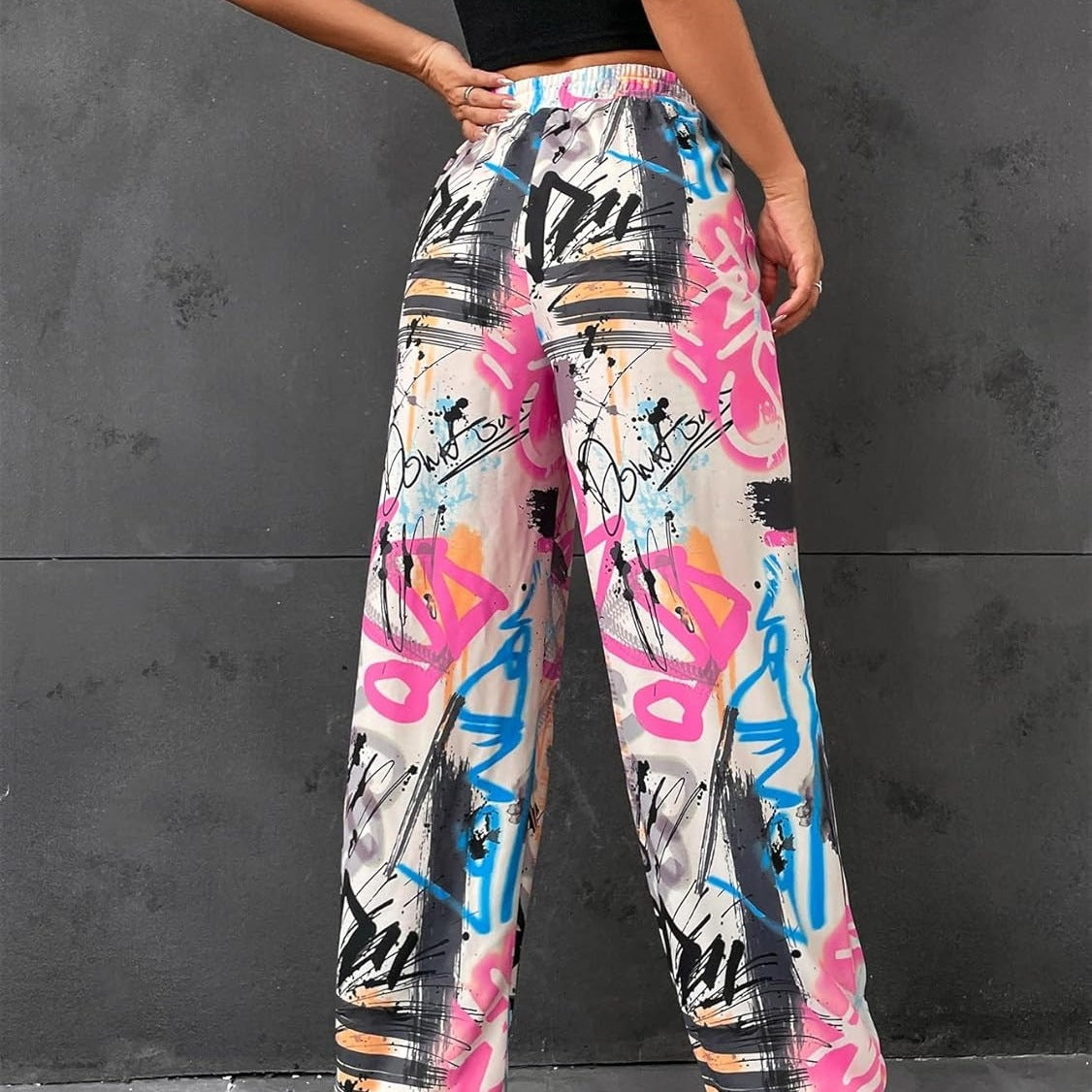 Colorful Graffiti Print Wide-Leg Pants