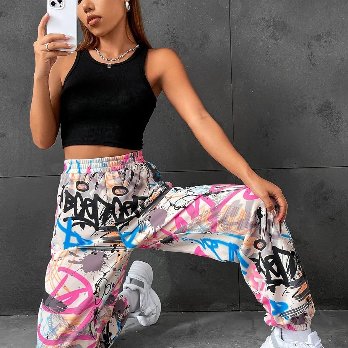 Colorful Graffiti Print Wide-Leg Pants