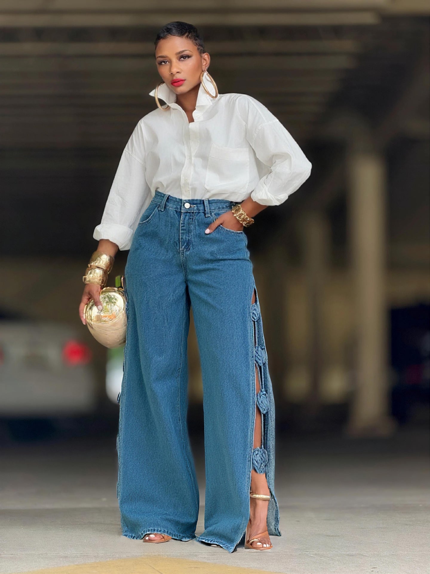 High-Waisted Wide-Leg Denim Pants with Side Slits