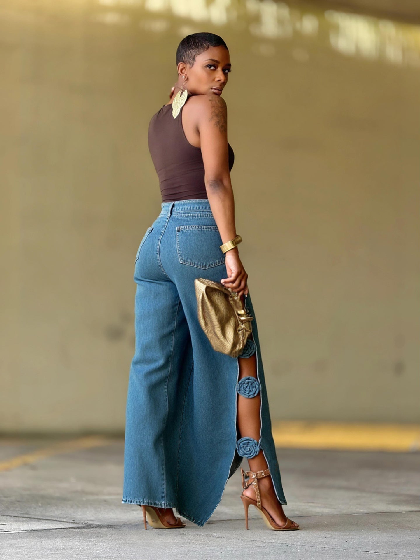High-Waisted Wide-Leg Denim Pants with Side Slits