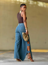 High-Waisted Wide-Leg Denim Pants with Side Slits