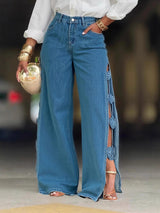 High-Waisted Wide-Leg Denim Pants with Side Slits