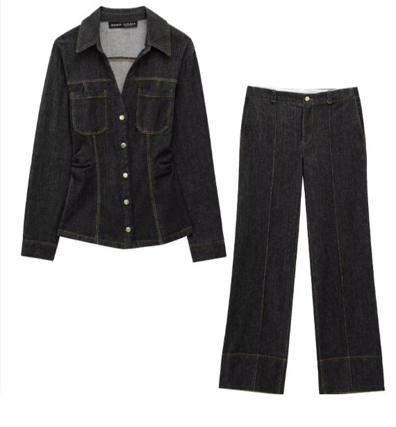 Dark Wash Shirt & Wide-Leg Pants Set