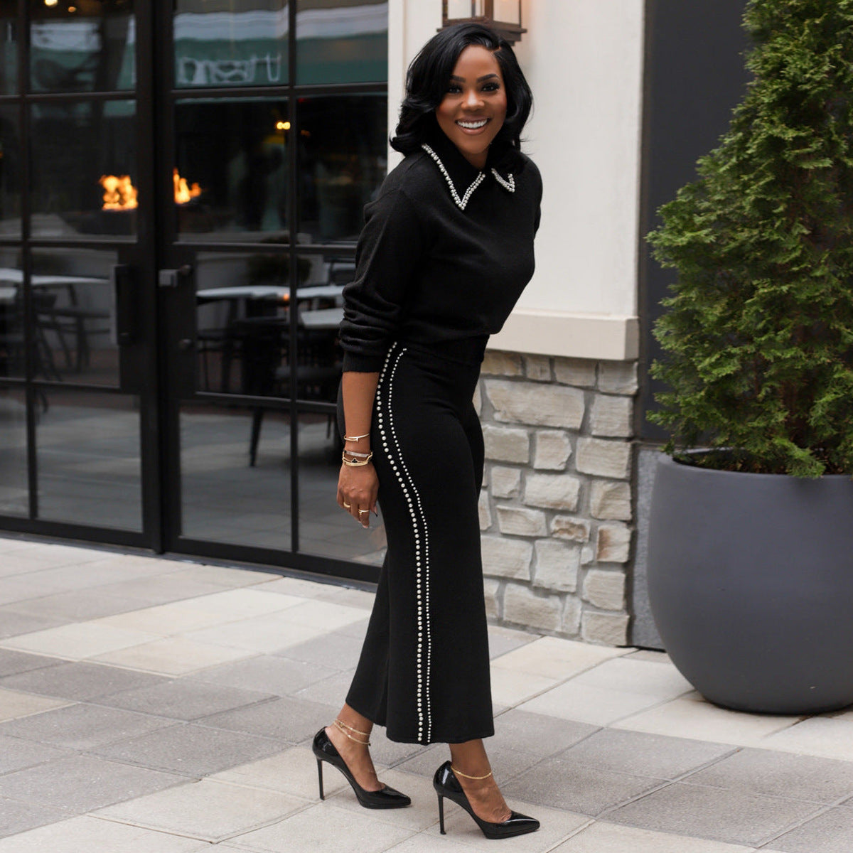 Elegant Black Set with Pearl-Embellished Collar