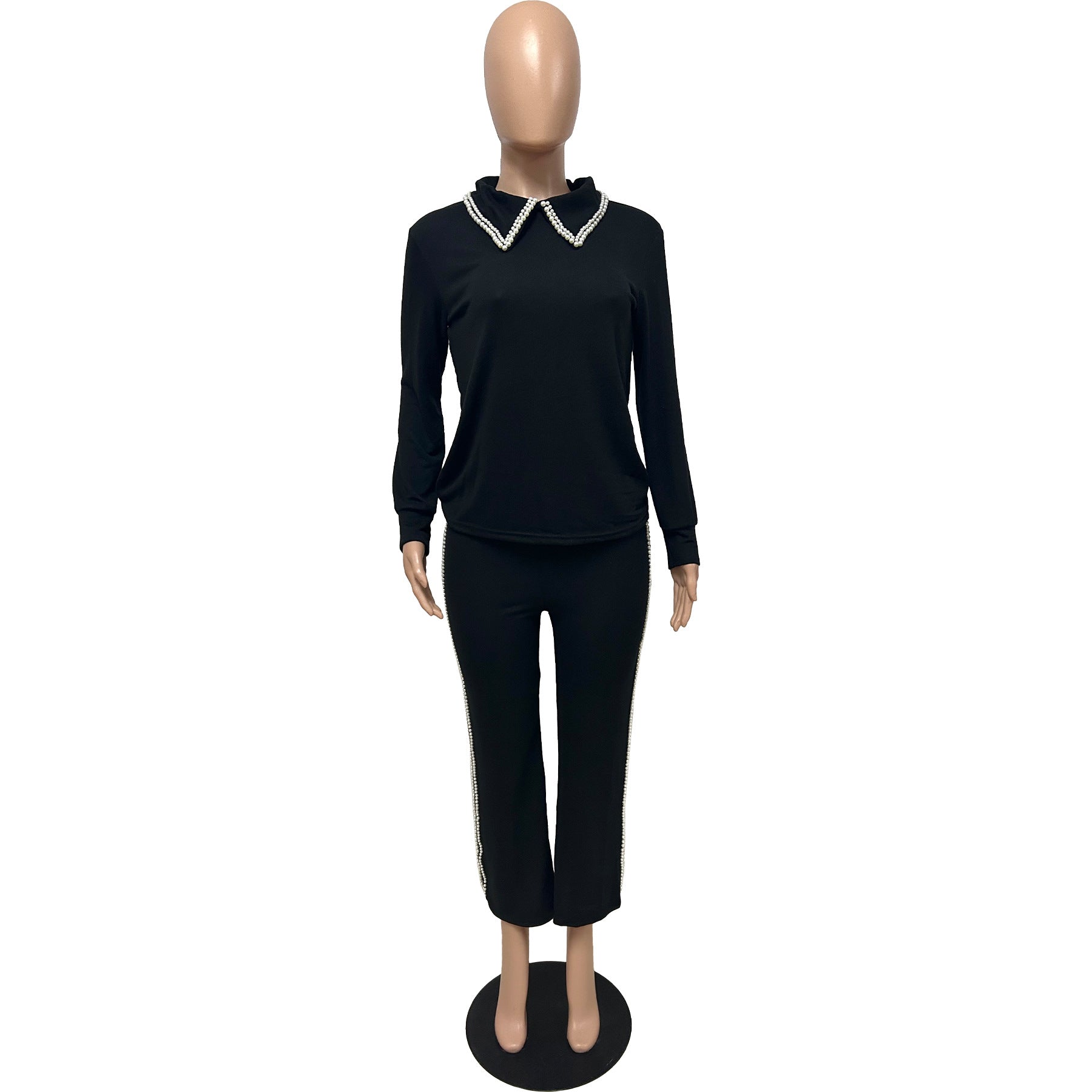 Elegant Black Set with Pearl-Embellished Collar