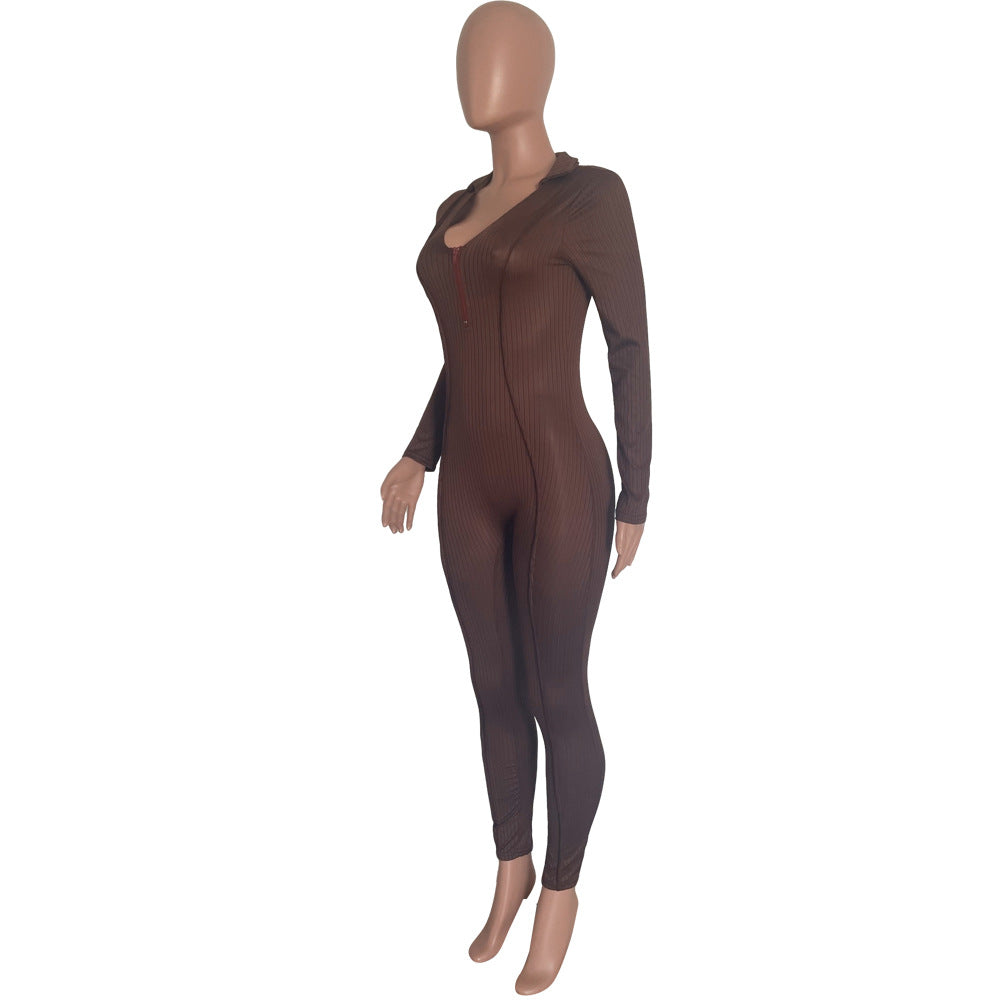 Chic Brown Ribbed Jumpsuit