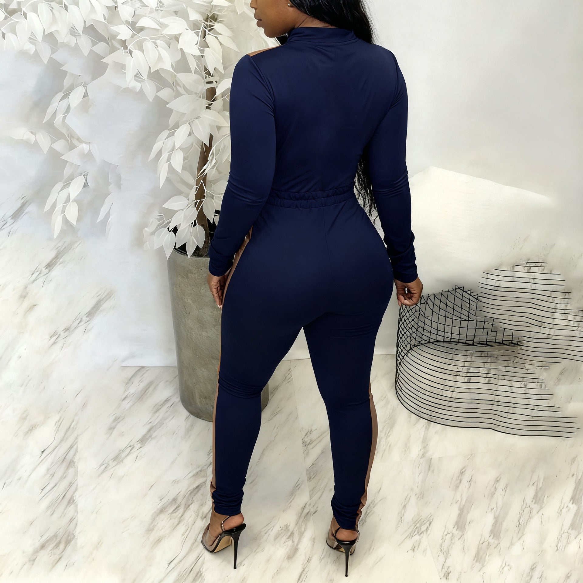 Colorblock Zip-Front Jumpsuit with Drawstring Waist