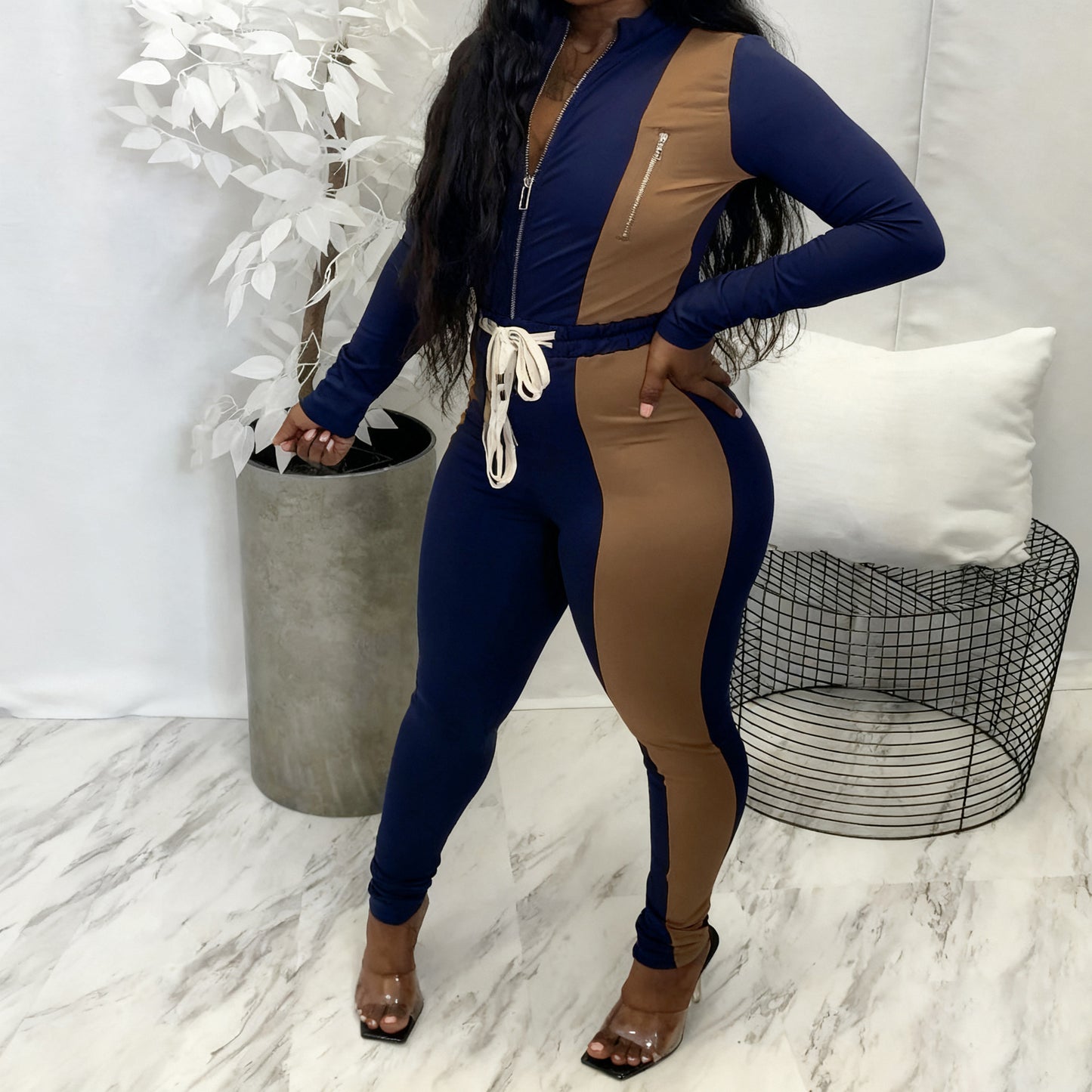 Colorblock Zip-Front Jumpsuit with Drawstring Waist