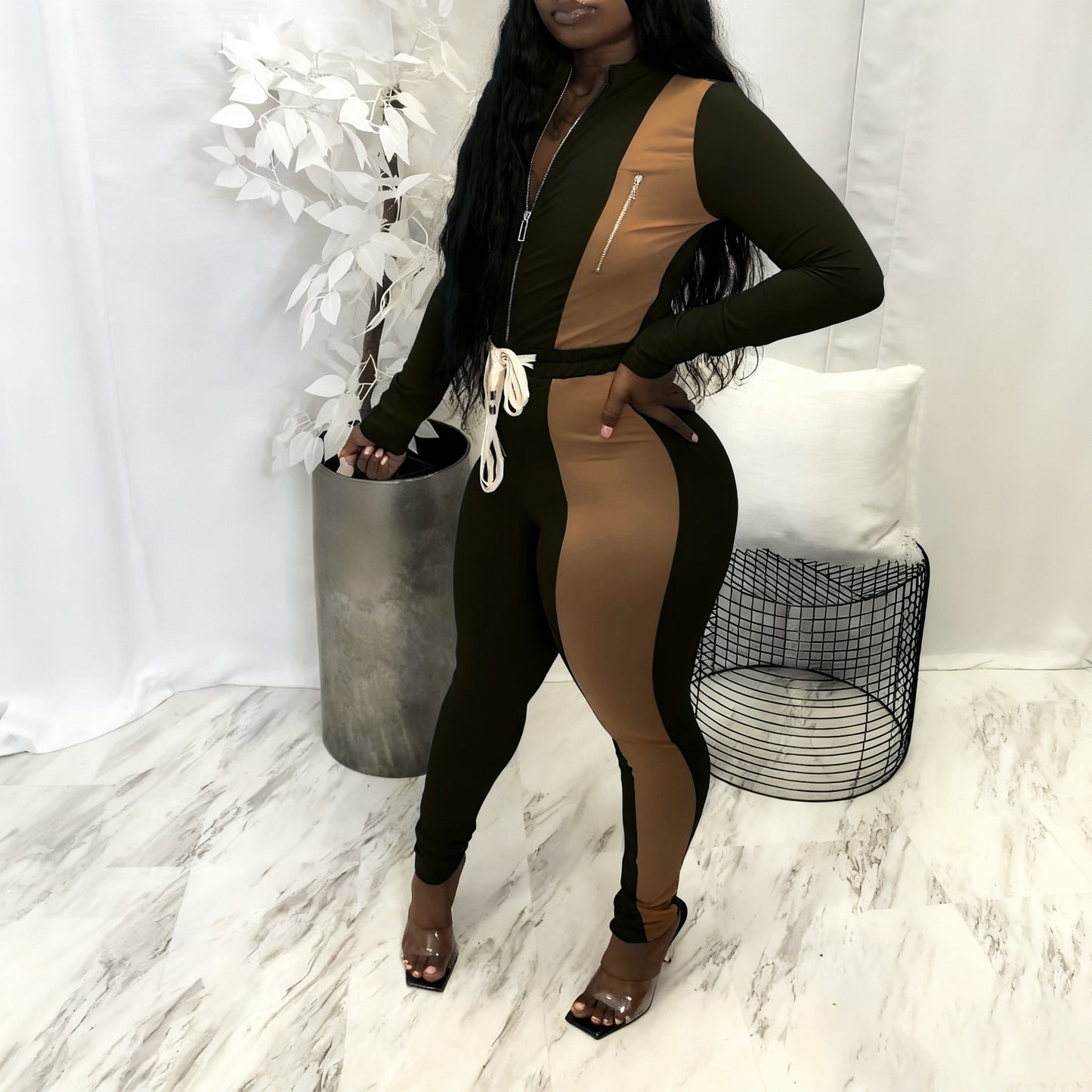 Colorblock Zip-Front Jumpsuit with Drawstring Waist