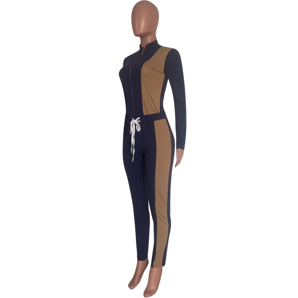 Colorblock Zip-Front Jumpsuit with Drawstring Waist