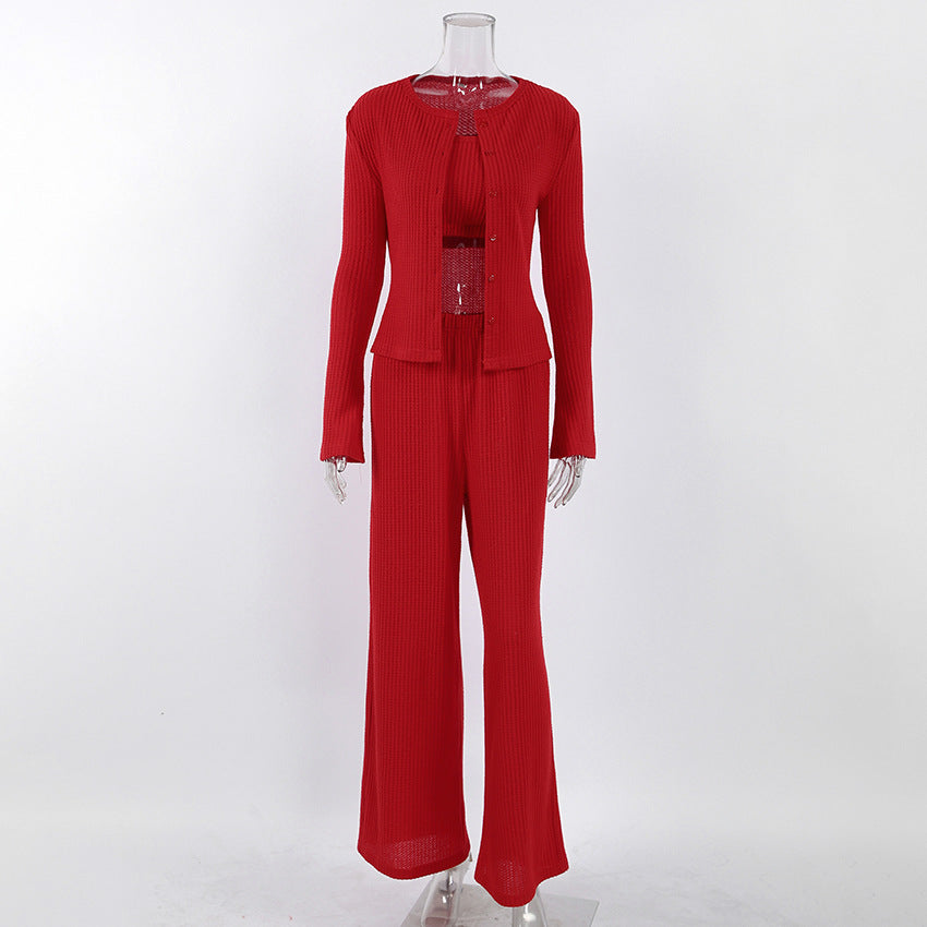 Knitted Set Crop Top  Cardigan & Trousers