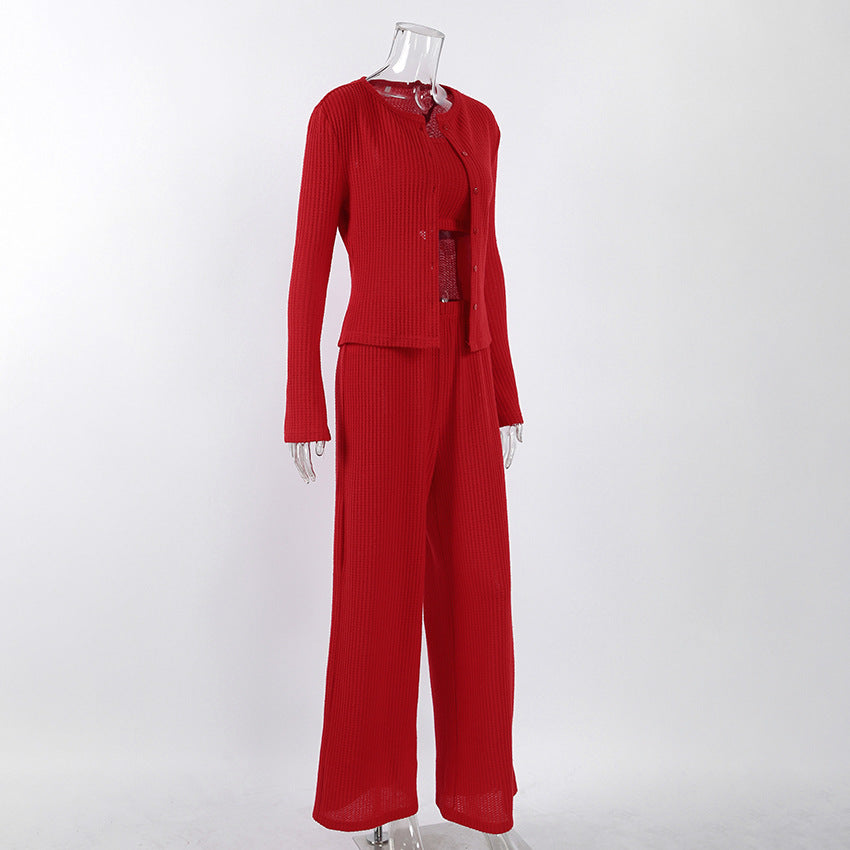 Knitted Set Crop Top  Cardigan & Trousers