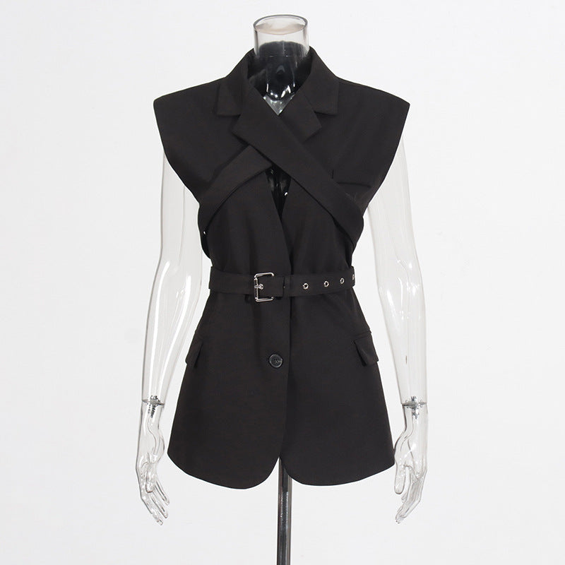 Sleeveless Blazer with Cross-Strap Detail