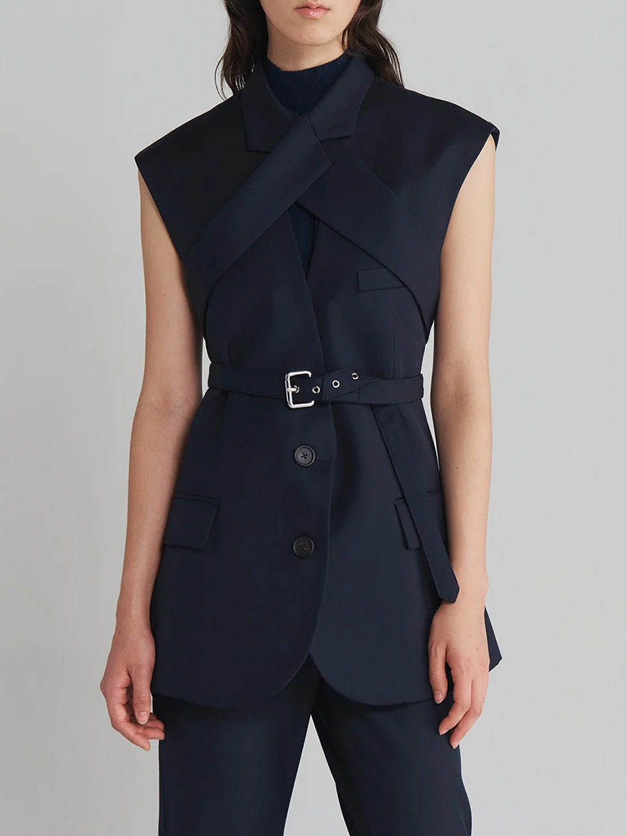 Sleeveless Blazer with Cross-Strap Detail