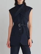 Sleeveless Blazer with Cross-Strap Detail