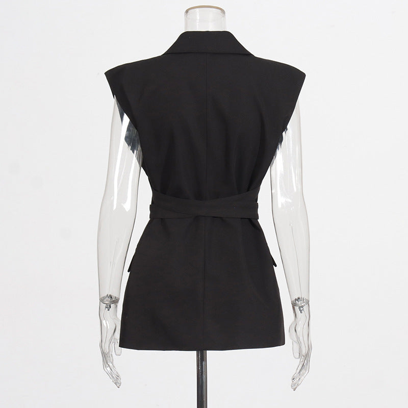 Sleeveless Blazer with Cross-Strap Detail