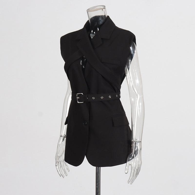 Sleeveless Blazer with Cross-Strap Detail