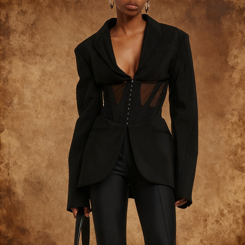 Blazer Jacket with Sheer Panel Accents