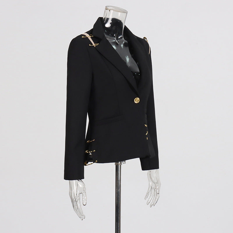 Chic Black Blazer with Gold Accents