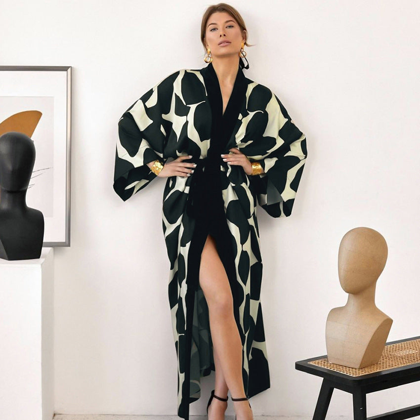 Abstract Printed Maxi Robe with High Slit