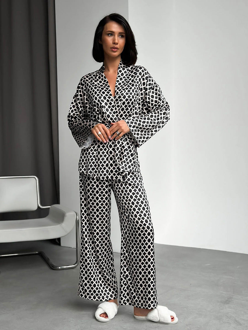 Geometric Print Pajama Set with Wide-Leg Pants