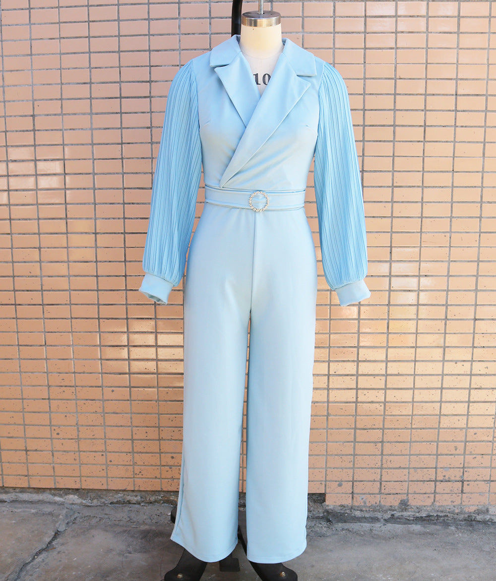 Jumpsuit with Pleated Sleeves and Belt Detail
