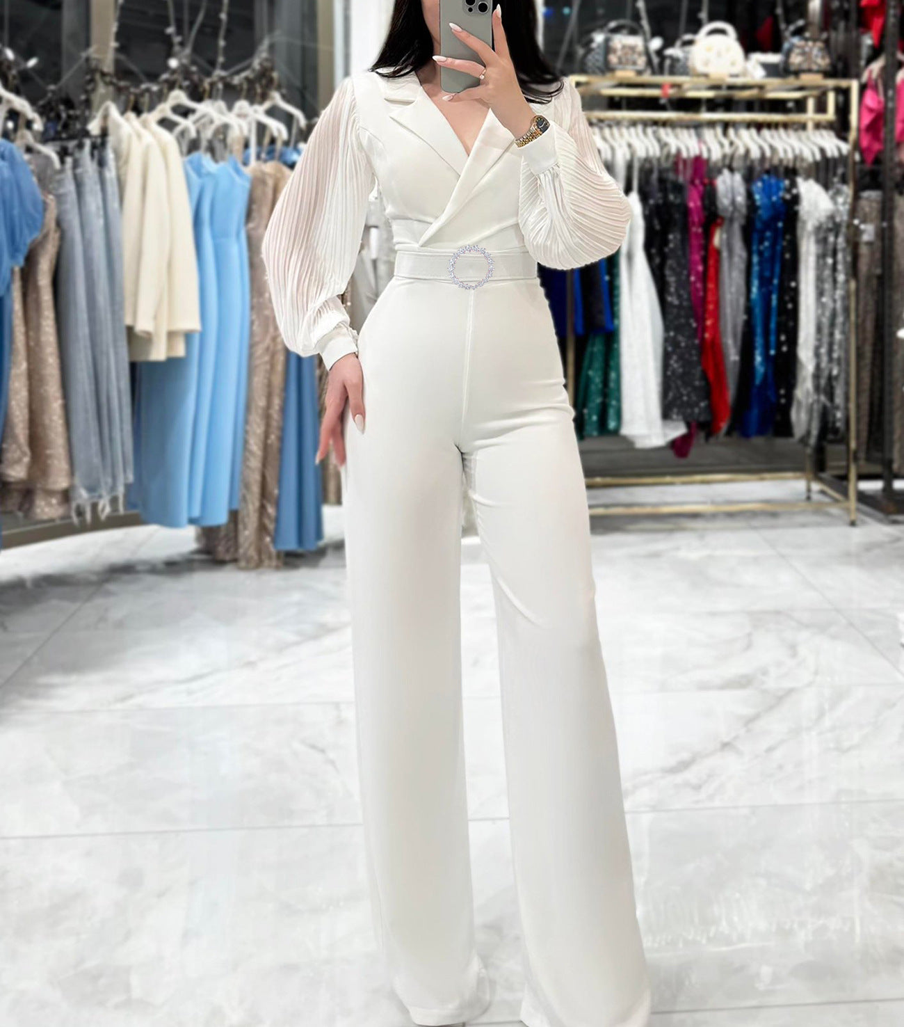 Jumpsuit with Pleated Sleeves and Belt Detail
