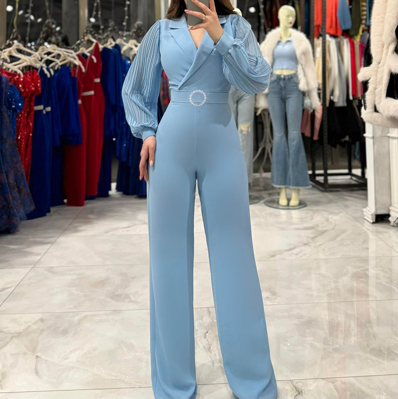 Jumpsuit with Pleated Sleeves and Belt Detail