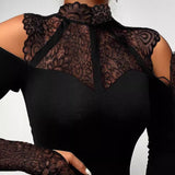 Lace-Detail Cold Shoulder Top with Long Sleeves