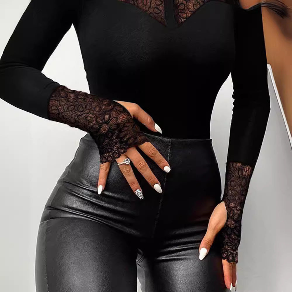 Lace-Detail Cold Shoulder Top with Long Sleeves