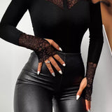 Lace-Detail Cold Shoulder Top with Long Sleeves