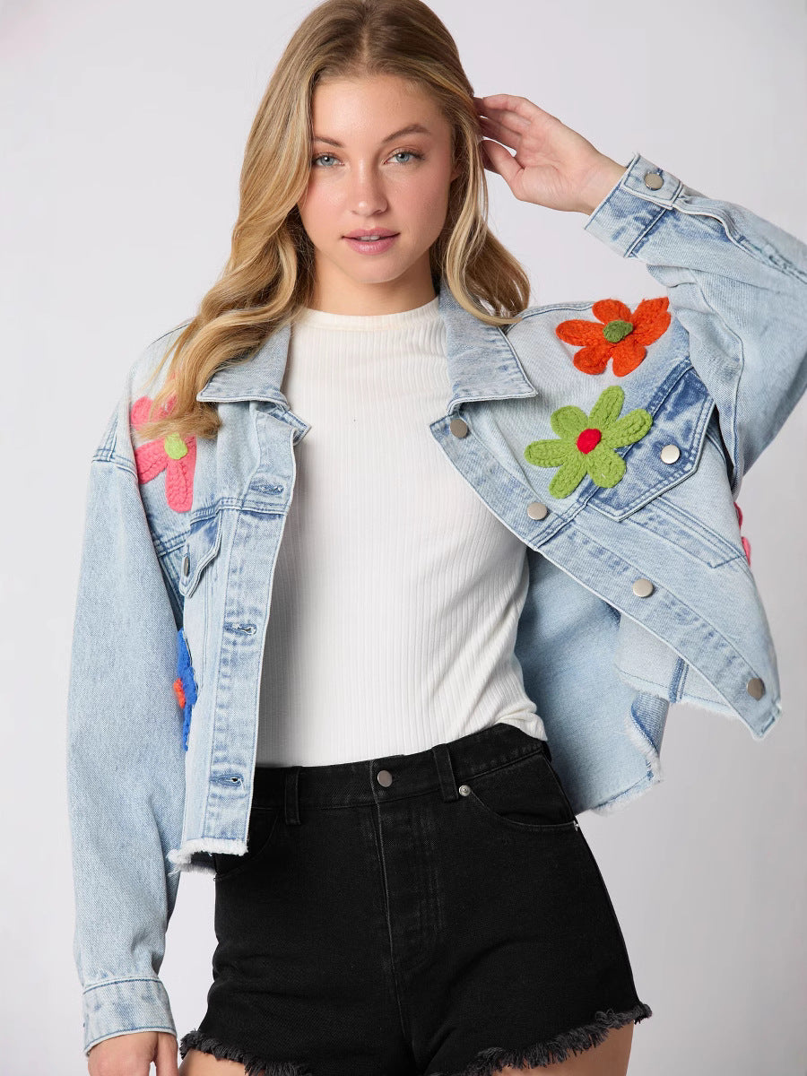 Denim Jacket with Flower Embroidery