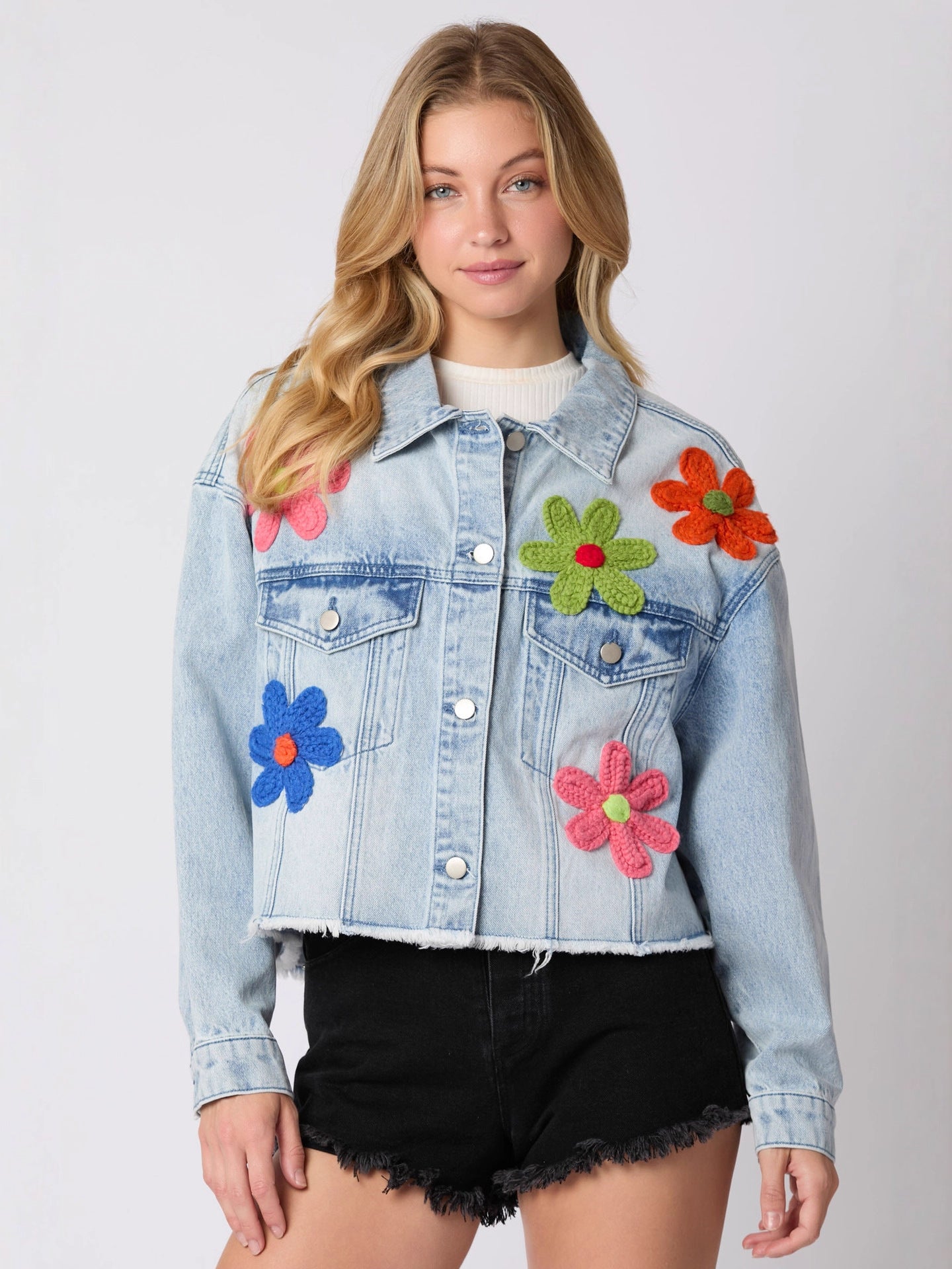 Denim Jacket with Flower Embroidery