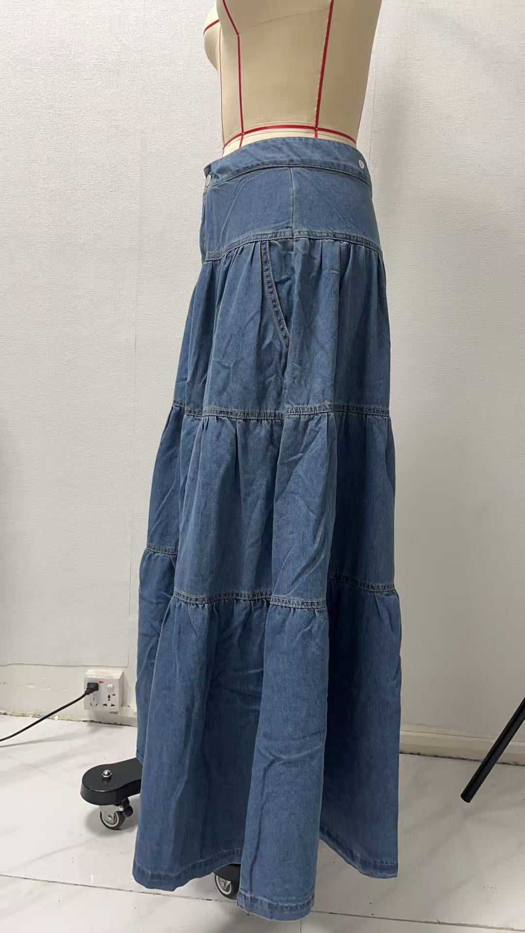 Boho-Chic Tiered Maxi Denim Skirt