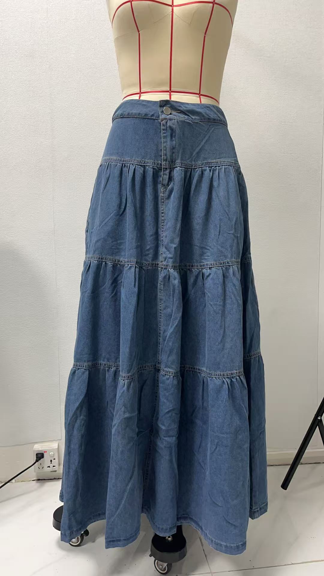 Boho-Chic Tiered Maxi Denim Skirt