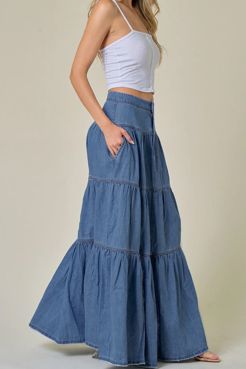 Boho-Chic Tiered Maxi Denim Skirt