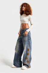 Wide-Leg Embroidered Flower Jeans