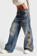 Wide-Leg Embroidered Flower Jeans