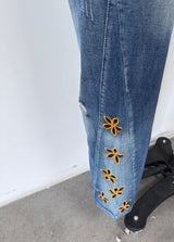 Wide-Leg Embroidered Flower Jeans