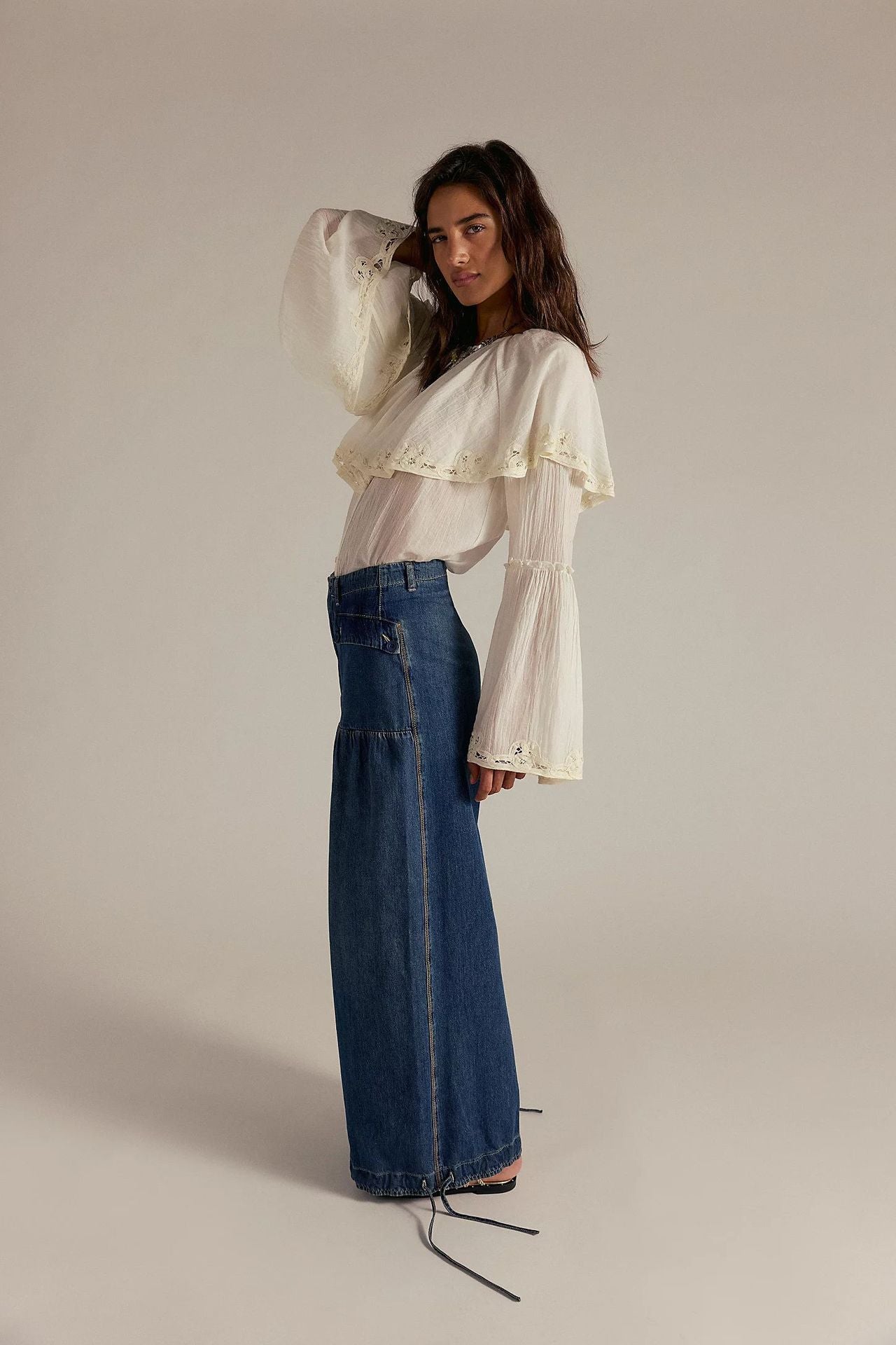 Bohemian Style Pleated Wide-Leg Jeans