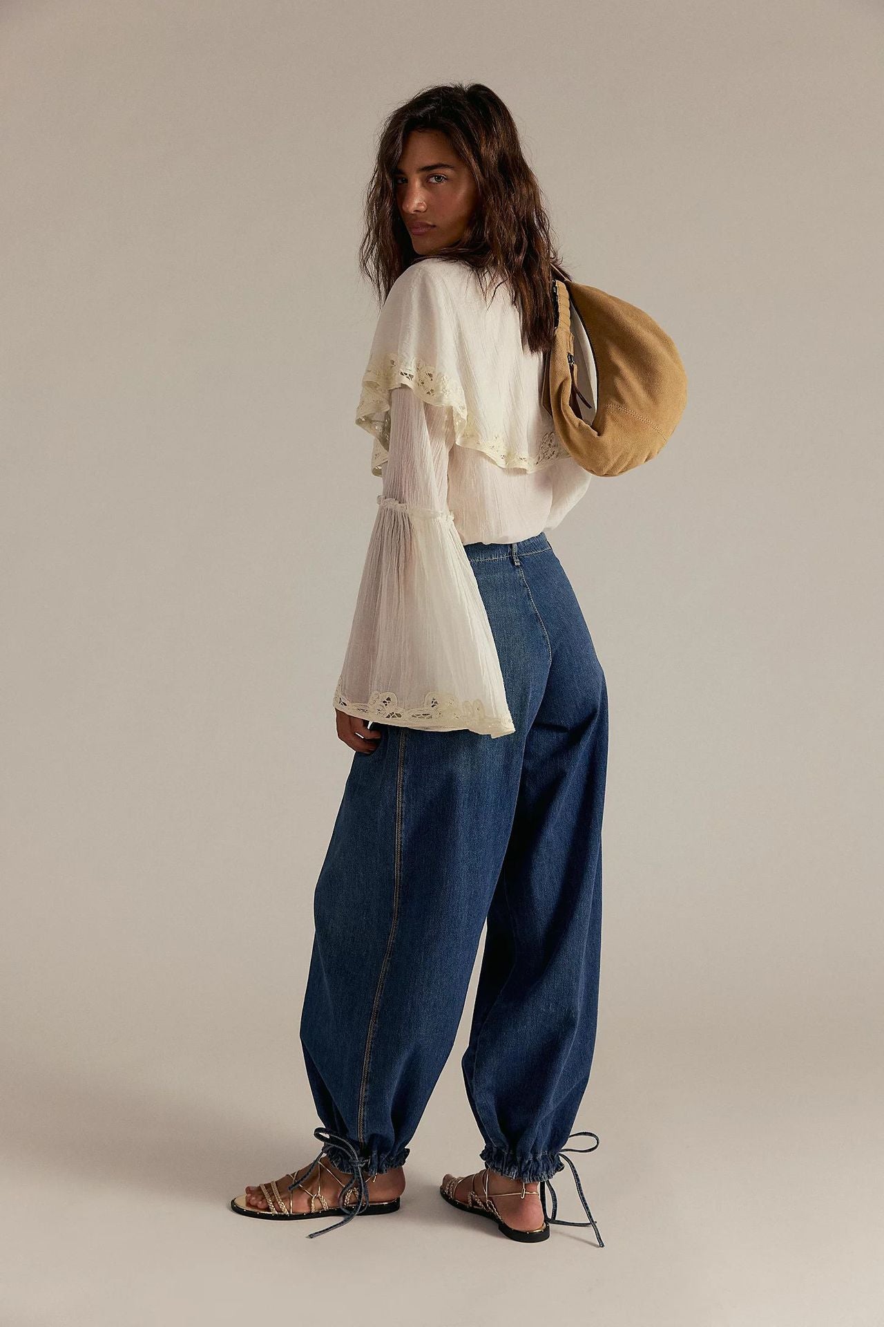 Bohemian Style Pleated Wide-Leg Jeans