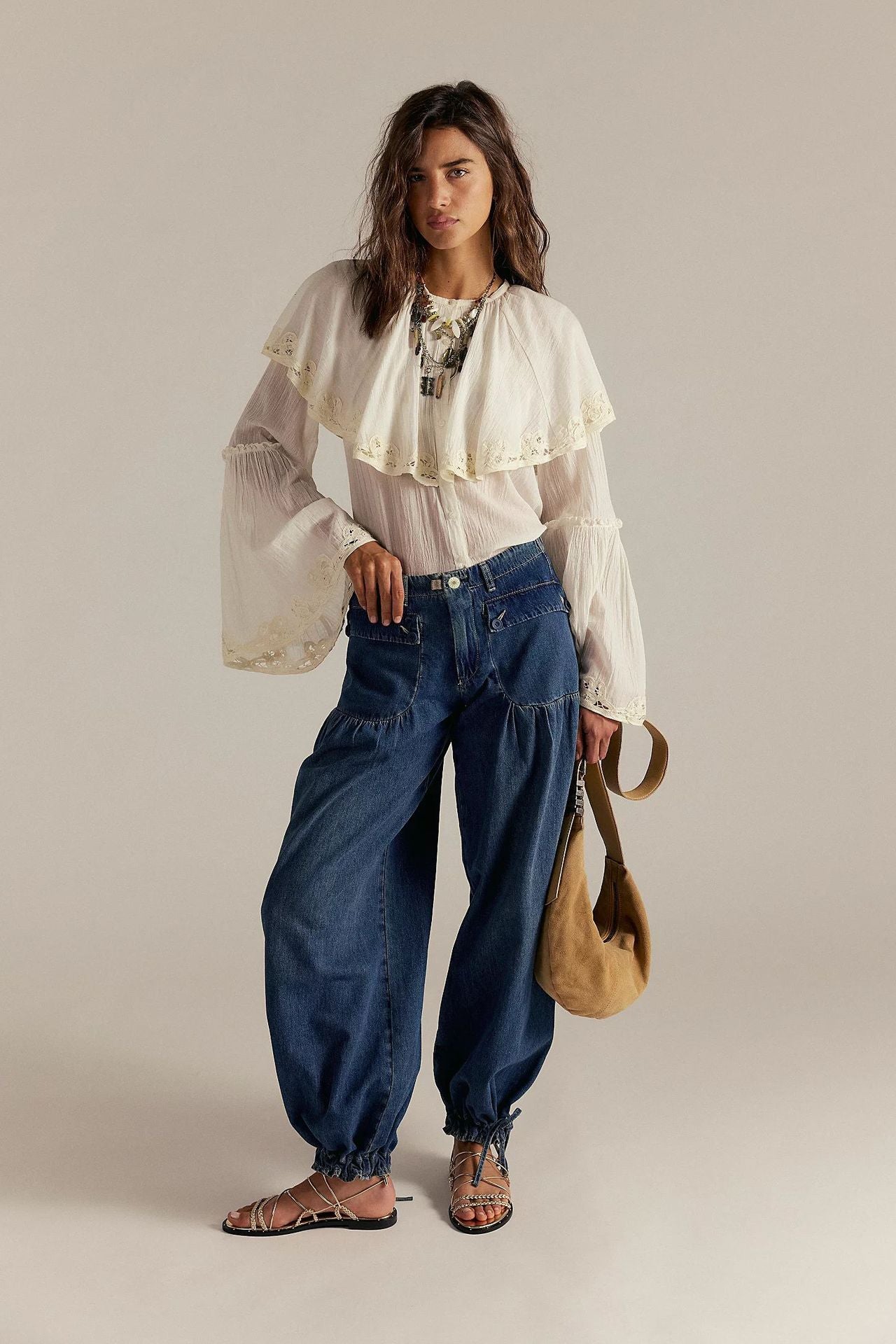 Bohemian Style Pleated Wide-Leg Jeans