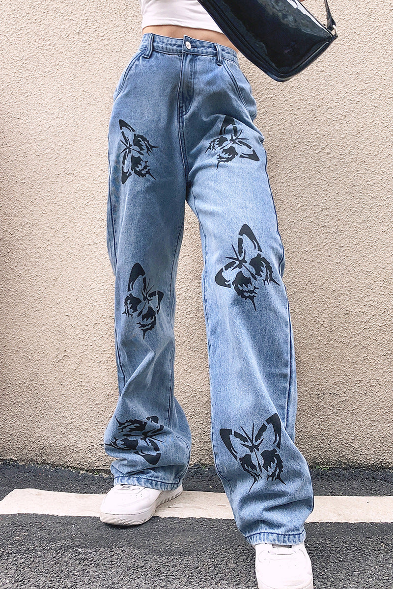 Bold Butterfly Print Loose Fit Jeans