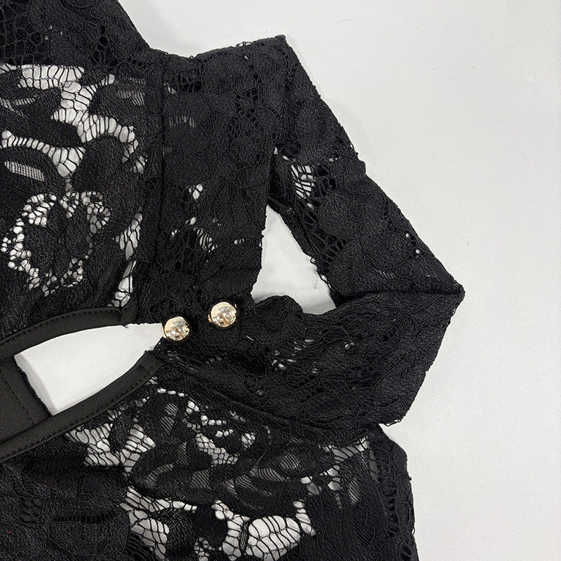 Chic Black Lace Flared Sleeve Jumpsuit